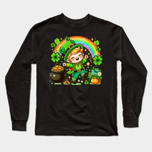 A cute Irish Lad dancing an Irish jig celebrates St Patrick's Day with a rainbow pot of gold and shamrocks Irish Pride Irish American four leaf clovers Irish dance Long Sleeve T-Shirt